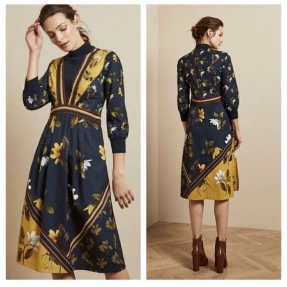 Ted Baker Blue Floral Juudy Savanna Midi Dress size Ted 4 US 10 - Picture 1 of 9
